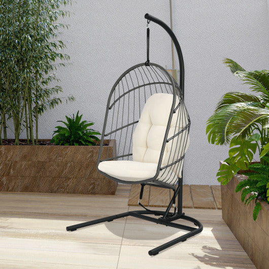 Hanging Wicker Egg Chair with Stand -Beige