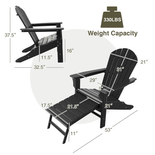 Patio HDPE Adirondack Chair with Retractable Ottoman-Black