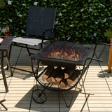 Outdoor Wood Burning Fire Pit with Log Storage Rack and Wheels