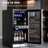 15 Inch 100 Can Built-in Freestanding Beverage Cooler Refrigerator with Adjustable Temperature and Shelf-Silver