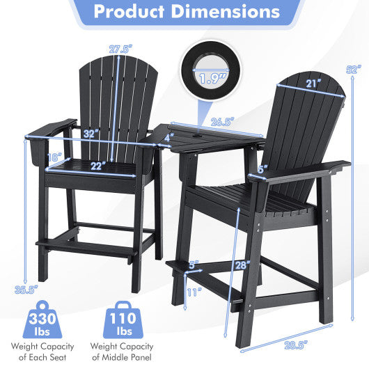 2 Pieces HDPE Tall Adirondack Chair with Middle Connecting Tray-Black