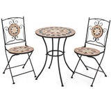 3 Pieces Patio Bistro Set with 1 Round Mosaic Table and 2 Folding Chairs