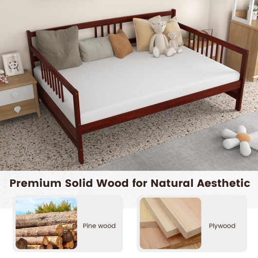 Classic Wooden Full Size Daybed Frame with Guardrails-Brown