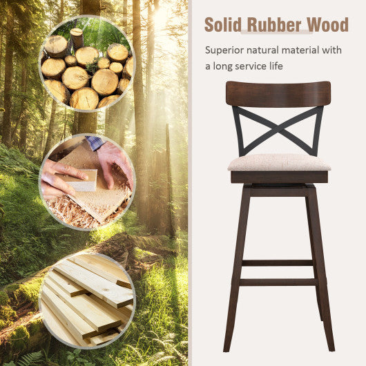 Set of 2 Wooden Swivel Bar Stools with Cushioned Seat and Open X Back-30 inches