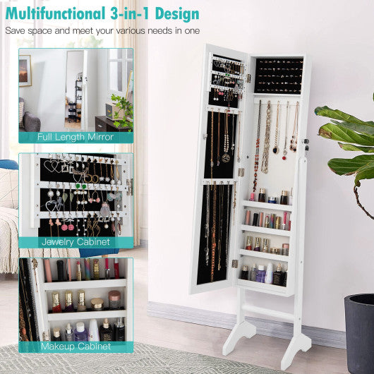 Free-Standing Jewelry Cabinet with Full-Length Mirror and Lockable Door-White