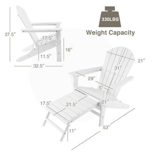 Patio HDPE Adirondack Chair with Retractable Ottoman-White