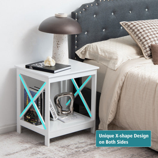 2-Tier Side Table with X-shape Design and 4 Solid Legs-White