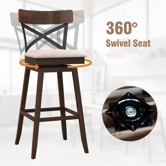 Set of 2 Wooden Swivel Bar Stools with Cushioned Seat and Open X Back-30 inches