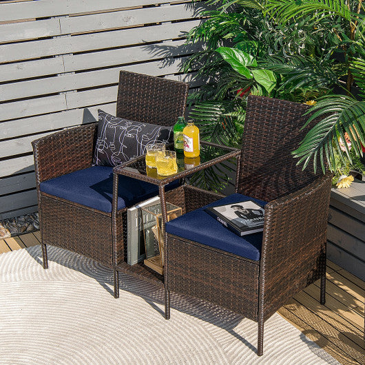 Patio Rattan Wicker Conversation Set Sofa Cushioned Loveseat Glass Table-Navy