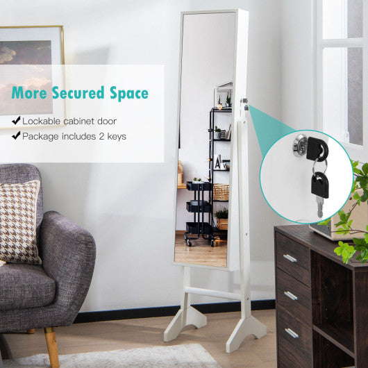 Free-Standing Jewelry Cabinet with Full-Length Mirror and Lockable Door-White