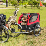 Dog Bike Trailer Foldable Pet Cart with 3 Entrances for Travel-Red