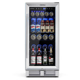 15 Inch 100 Can Built-in Freestanding Beverage Cooler Refrigerator with Adjustable Temperature and Shelf-Silver