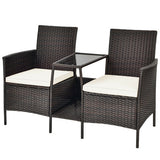 Patio Rattan Wicker Conversation Set Sofa Cushioned Loveseat Glass Table-Off White