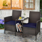 Patio Rattan Wicker Conversation Set Sofa Cushioned Loveseat Glass Table-Navy