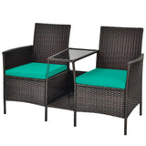 Patio Rattan Wicker Conversation Set Sofa Cushioned Loveseat Glass Table-Turquoise