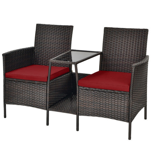 Patio Rattan Wicker Conversation Set Sofa Cushioned Loveseat Glass Table-Red