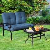 2 Pieces Patio Loveseat Bench Table Furniture Set with Cushioned Chair-Blue