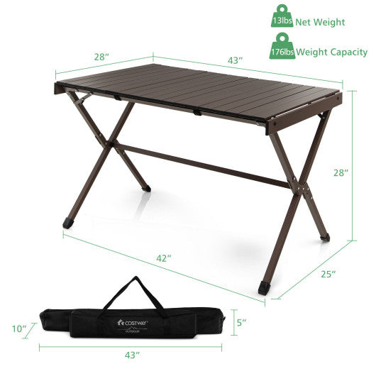 4-6 Person Portable Aluminum Camping Table with Carrying Bag-Brown