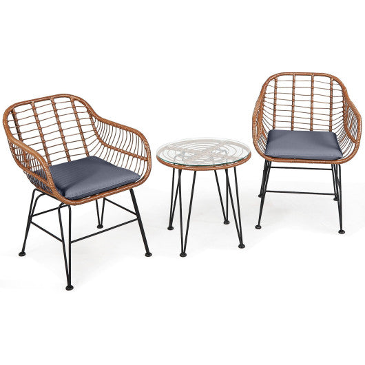 3 Pieces Patio Rattan Bistro Set with Cushion-Gray