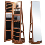 360° Rotating Mirrored Jewelry Cabinet Armoire 3 Color LED Modes Lockable-Dark Brown
