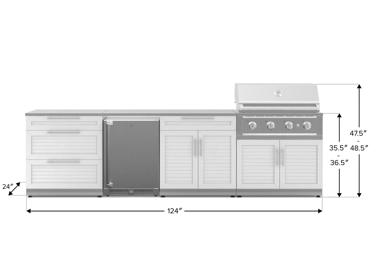 Outdoor Kitchen Stainless Steel 7 Piece Cabinet Set with 3-Drawer, Bar, Grill Cabinet, Performance Grill, Countertop, and Stainless Steel Door Fridge