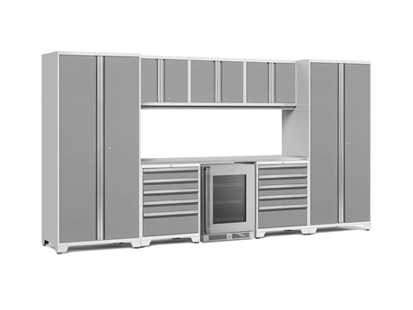 Pro Series 9 Piece Cabinet Set with Wall, Tool Drawer Cabinet, Lockers, and Glass Door Fridge