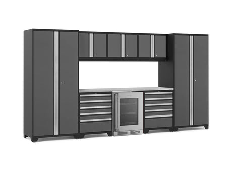 Pro Series 9 Piece Cabinet Set with Wall, Tool Drawer Cabinet, Lockers, and Glass Door Fridge