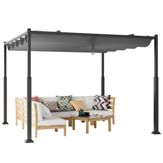 10 x 10 Feet Outdoor Pergola with Retractable Canopy and Metal Columns-Gray