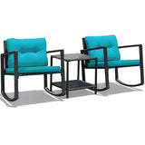 3 Pcs Wicker Rocking Bistro Set with Glass Coffee Table and Storage Shelf-Blue