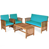 4 Pieces Patio Solid Wood Furniture Set-Blue