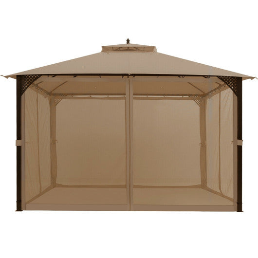 12 x 10 Feet Outdoor Double Top Patio Gazebo with Netting-Brown