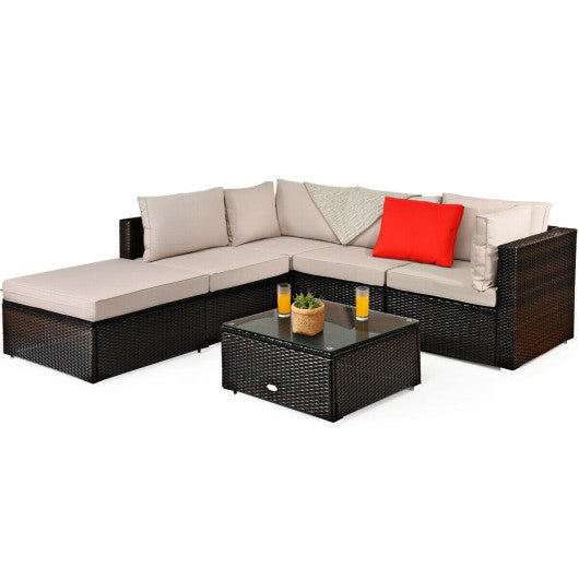 6 Pieces Outdoor Patio Rattan Furniture Set Sofa Ottoman