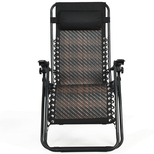 Folding Rattan Zero Gravity Lounge Chair with Removable Head Pillow-Brown