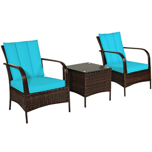 3 Pcs Patio Conversation Rattan Furniture Set with Glass Top Coffee Table and Cushions-Turquoise