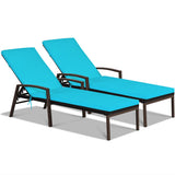 2 Pieces Patio Rattan Adjustable Back Lounge Chair with Armrest and Removable Cushions-Turquoise