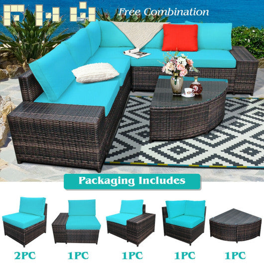 6 Piece Wicker Patio Sectional Sofa Set with Tempered Glass Coffee Table-Turquoise