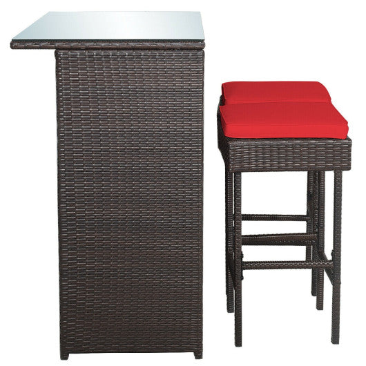 3PCS Patio Rattan Wicker Bar Table Stools Dining Set-Red