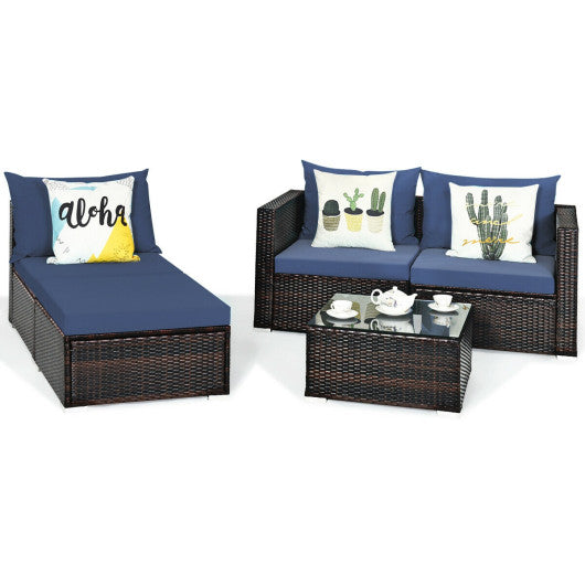 5 Pieces Patio Rattan Sectional Furniture Set with Cushions and Coffee Table -Navy