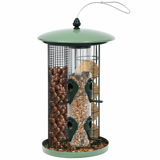3-in-1 Metal Hanging Wild Bird Feeder with 4 Feeding Ports and Perches