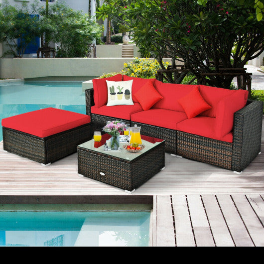 5 Pcs Outdoor Patio Rattan Furniture Set Sectional Conversation with Navy Cushions-Red