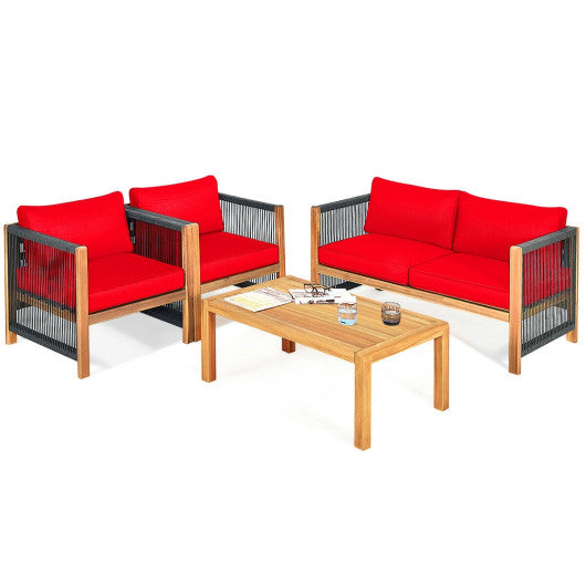 4 Pieces Acacia Wood Outdoor Patio Furniture Set with Cushions-Red