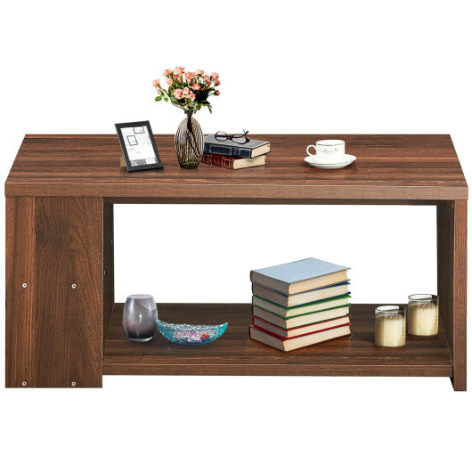 Coffee Table Sofa Side Table with Storage Shelves -Walnut