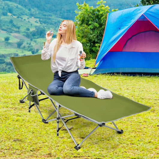 Folding Camping Cot with Side Storage Pocket Detachable Headrest-Green