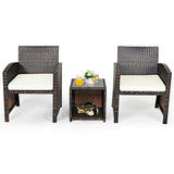 3 Pieces PE Rattan Wicker Furniture Set with Cushion Sofa Coffee Table for Garden-White