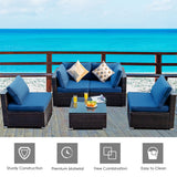 5 Pieces Cushioned Patio Rattan Furniture Set with Glass Table-Navy