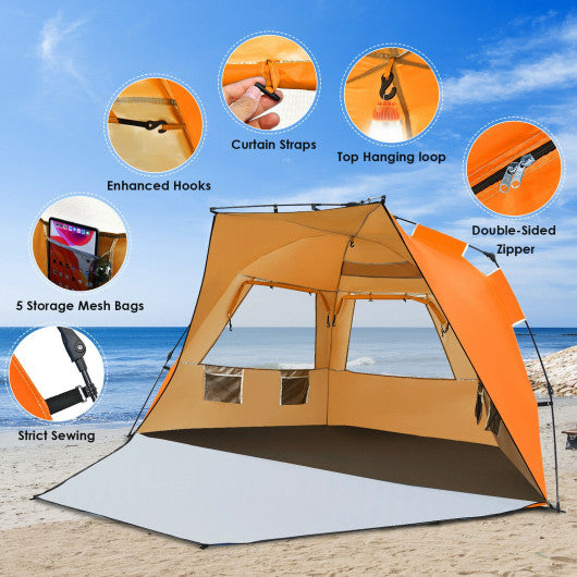 3-4 Person Easy Pop Up Beach Tent UPF 50+ Portable Sun Shelter-Orange