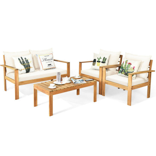 4 Pieces Patio Acacia Wood Thick Cushion Loveseat Sofa Set-White