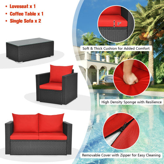 4 Pieces Patio Rattan Conversation Set with Cushions and Coffee Table-Red