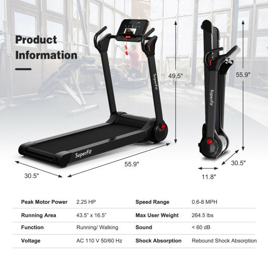 2.25 HP Electric Motorized Folding Running Treadmill Machine with LED Display-Black