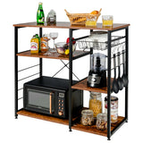 Industrial Kitchen Baker's Rack Microwave Shelf with 6 Hooks-Brown